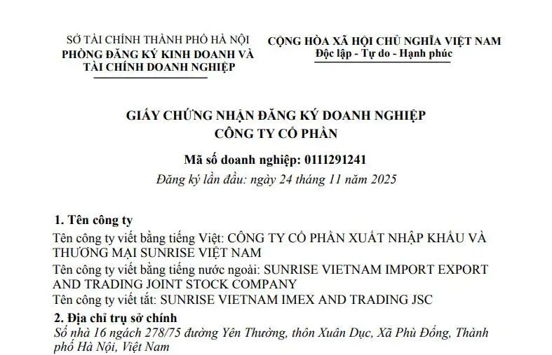 thanh-lap-cong-ty-co-phan-xuat-nhap-khau-va-thuong-mai-sunrise-viet-nam