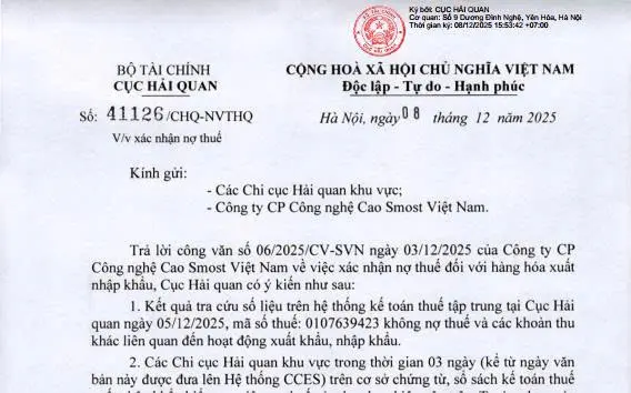 hoan-thanh-xac-nhan-khong-no-thue-xuat-nhap-khau-cua-cong-ty-co-phan-cong-nghe-cao-smost-viet-nam
